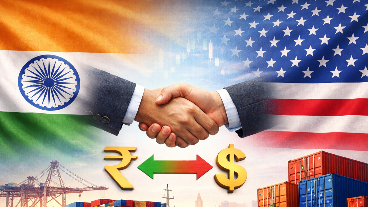 Illustrative image showing India–US trade relations with flags, shipping containers and currency exchange symbols.